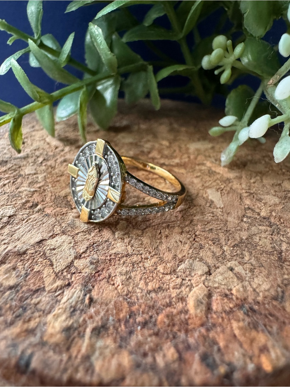 Gold and Silver Plated Our Lady Ring with Clear Stones - size 7